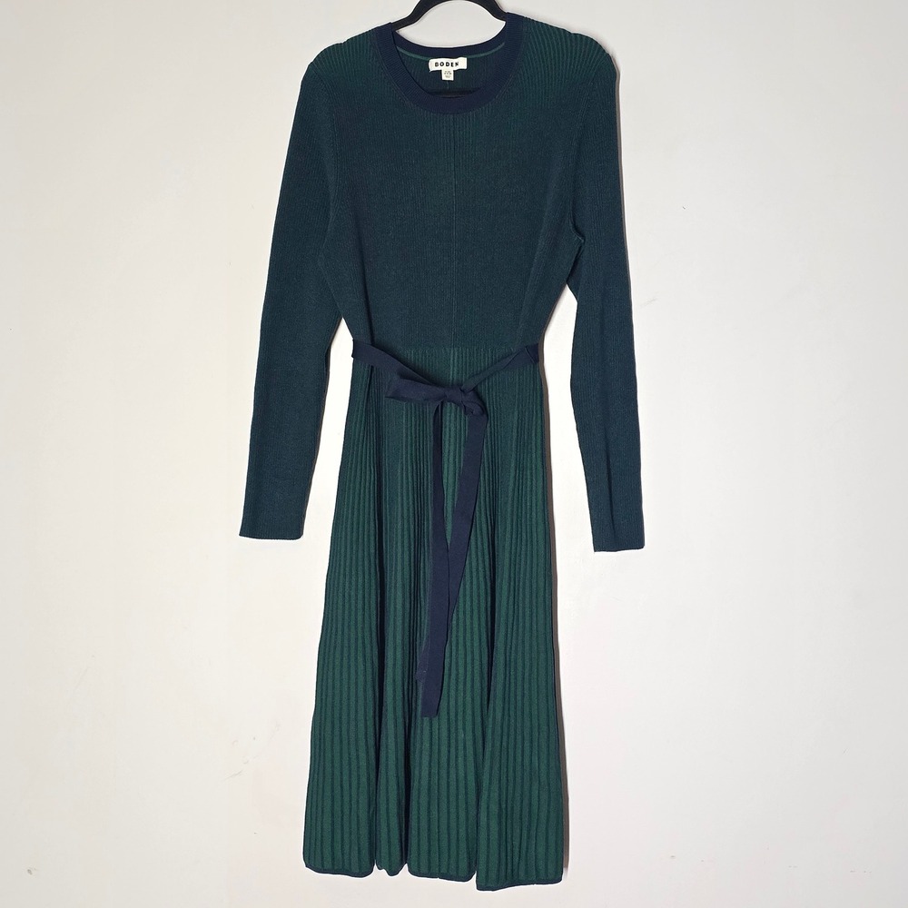 Boden Womens 16-18R Green Ribbed Knit Pleated Midi Sweater Dress Belted Preppy